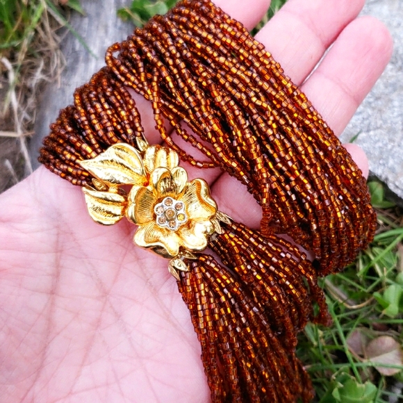 Vtg Amber Glass Bead Flower RS Torsade Necklace - Picture 3 of 8